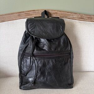 Vintage Black Genuine Leather Patchwork Drawstring Large Backpack